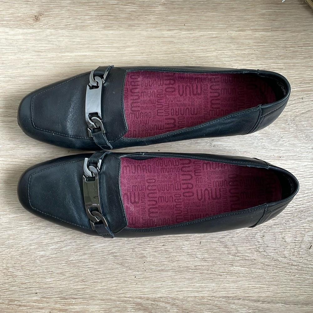 Munro Blair Black Leather Slip On Flats with Silver Horse Bit Detail